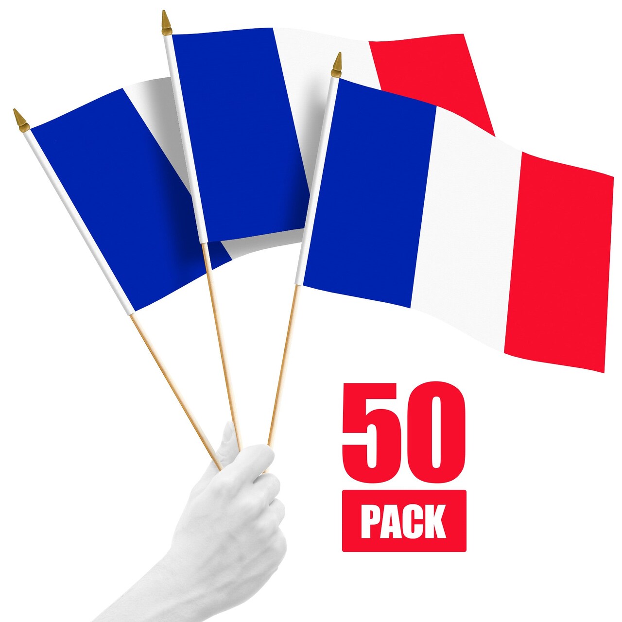G128 50 Pack Handheld France French Stick Flags | 12x18 In | Printed 150D Polyester, Country Flag, Solid Wooden Stick, Spear Gold Tip